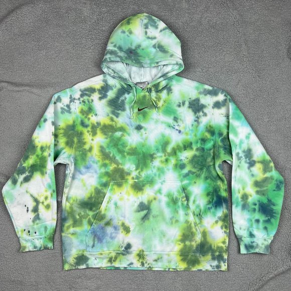 Nike Hoodie Men Large L Green Tie Dye Center Swoosh Sweater Fleece